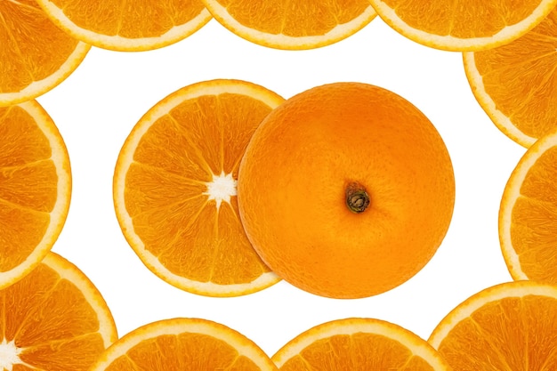 Top view fresh sliced oranges on bright isolated white surface with copy