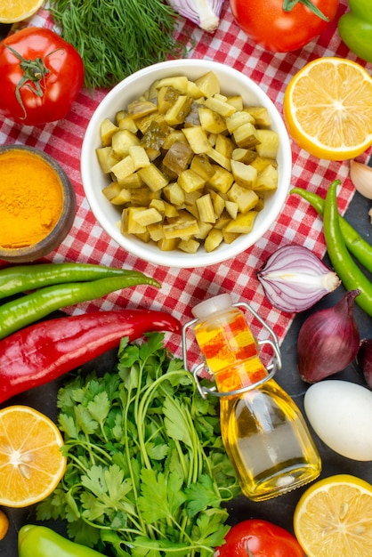 top view fresh sliced pickles with greens and vegetables on dark background meal snack color salad food health diet