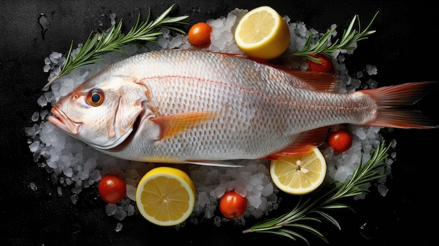 Top view of Fresh snapper preparation with lemon and vegetables on ice Snapper fish Generative Ai
