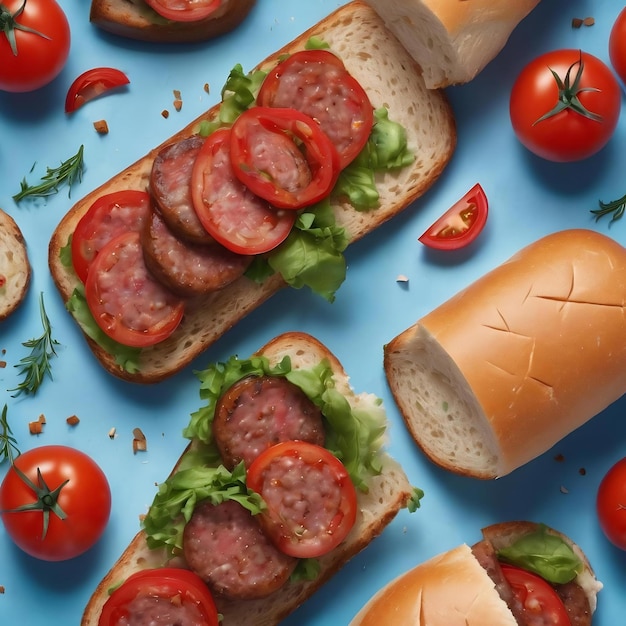Сверху свежая вкусная колбаса с помидорами на синем фоне хлеб мясо еда бургер сэндвич булочка