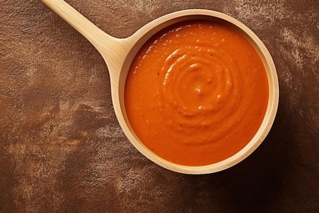 Top view of fresh tomato soup and wooden spoon