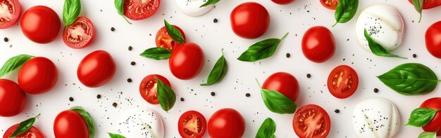 Foto vista dall'alto di pomodori freschi e formaggio mozzarella disposti su una superficie bianca