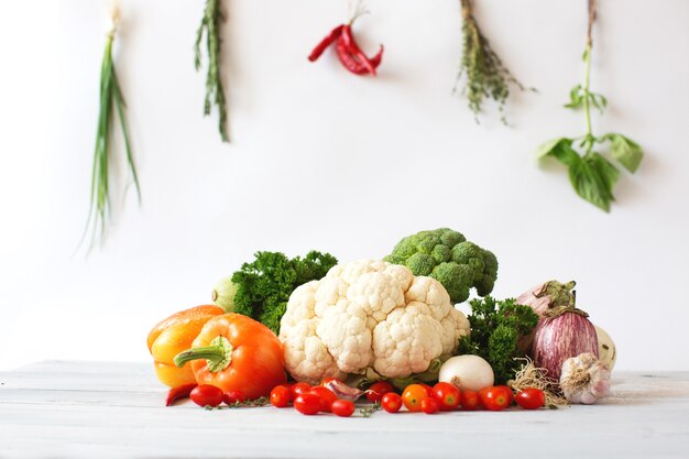 Top view fresh vegetables isolated on white