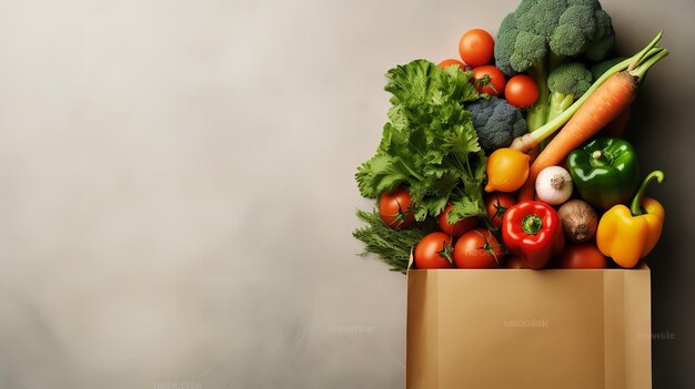 Top view of fresh vegetables in paper bag in a black surface with a big copy space Generative AI