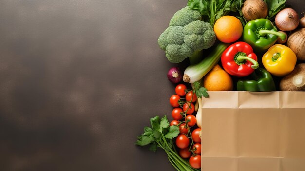 Top view of fresh vegetables in paper bag in a black surface with a big copy space Generative AI