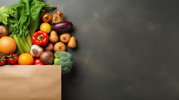 Top view of fresh vegetables in paper bag in a black surface with a big copy space Generative AI