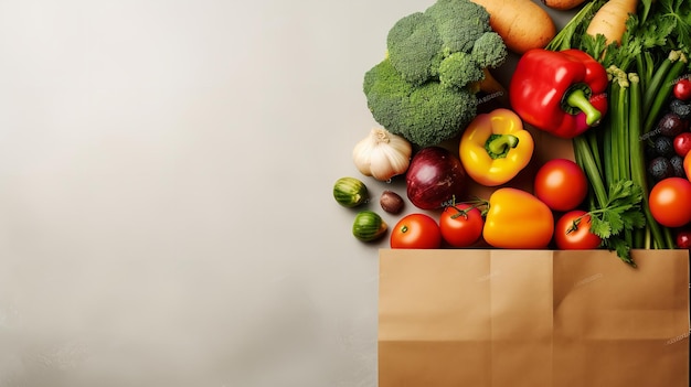 Top view of fresh vegetables in paper bag in a black surface with a big copy space Generative AI