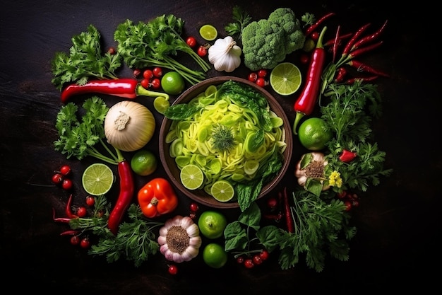 Top view fresh vegetables with greens on the dark