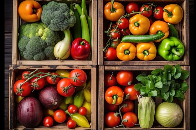 나무 상자에 상위 뷰 신선한 야채 건강 식품 배경