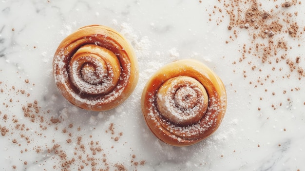 Top view of freshly baked cinnamon buns rolls with sugar and flour Aesthetic food Generative AI