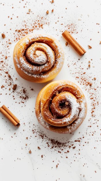 Top view of freshly baked cinnamon buns rolls with sugar and flour Aesthetic food Generative AI