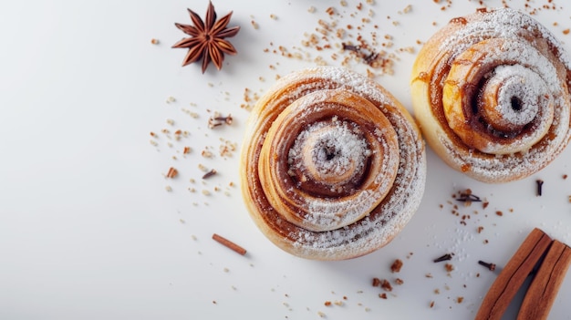 Photo top view of freshly baked cinnamon buns rolls with sugar and flour aesthetic food generative ai