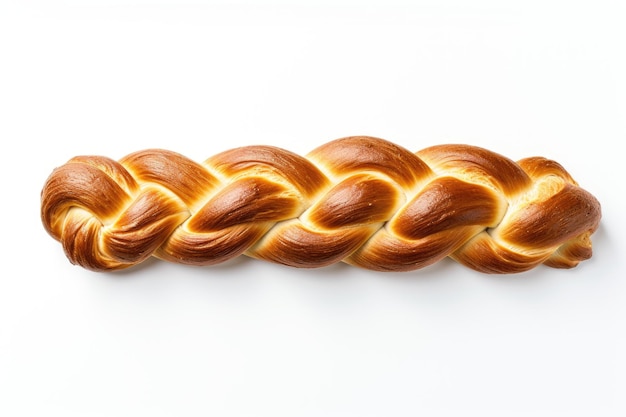 Photo top view of freshly baked homemade braided challah bread for shabbat and holidays on a white background with copy space