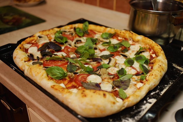写真 トップ ビュー キッチンのワークトップでオーブンから取り出したばかりの天板にモッツァレラチーズをのせた焼きたてのイタリアンピザ