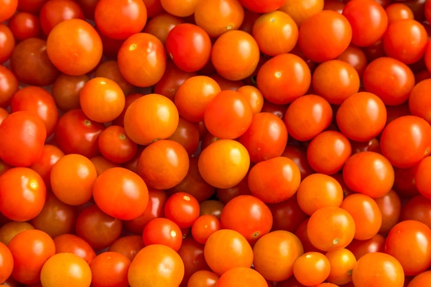 Top view of freshly picked red cherry tomatoes.
