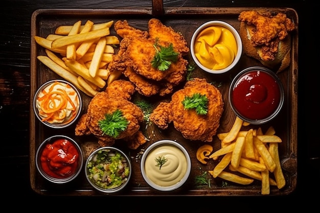 Top view fried chicken and burgers on tray with sauce and lemon