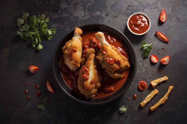 Top view fried chicken drumstick with ketchup