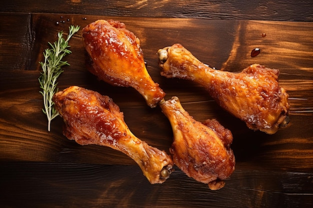 Top view fried chicken drumsticks with ketchup and fries with copy