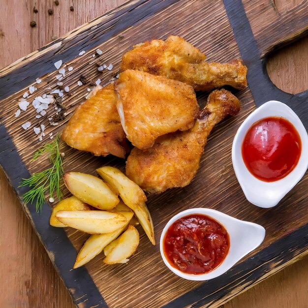 top view fried chicken and potatoes on a board with sauce