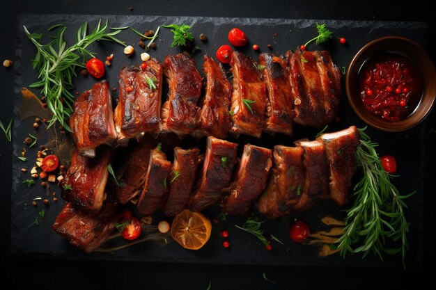 Верхний вид жареный кусочек мяса на темном фоне мясо еда блюдо барбекю жарить цвет кулинарные ребра животных