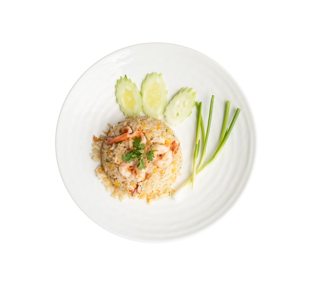 Top view. Fried rice with shrimp in round white dish isolated on white. Thai Food concept