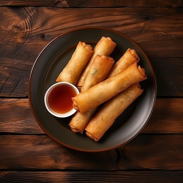 Photo top view fried spring rolls on a plate