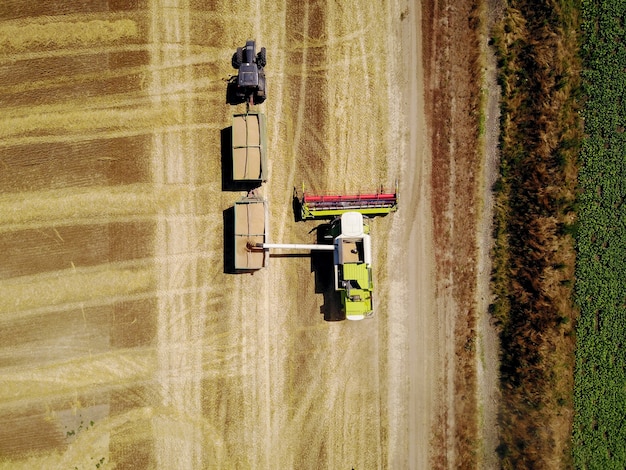 Вид сверху с летающего беспилотника большого профессионального зерноуборочного комбайна, загружающего пшеницу в цистерну тягача на поле.
