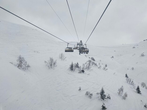 A top view from the mountain to the cab of the ski lift