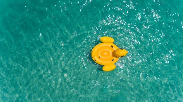 Top view from sky of duck swiming lifebuoy.