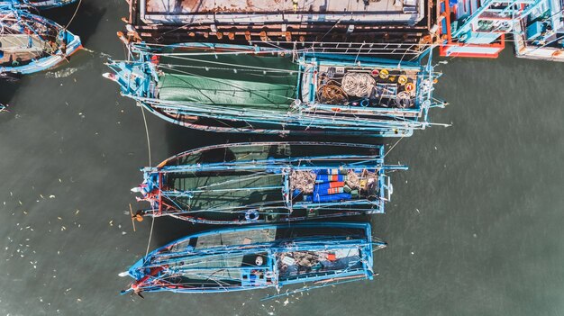 Top view from sky  group of wooden fishery boat.