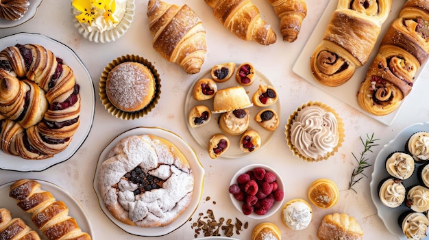 Photo a top view from table full of freshly baked things coockies croissants cakes ar 169 style raw stylize 50 job id cc2127427d4a421a864038c6578a00d5