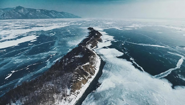 top view of frozen sea with island