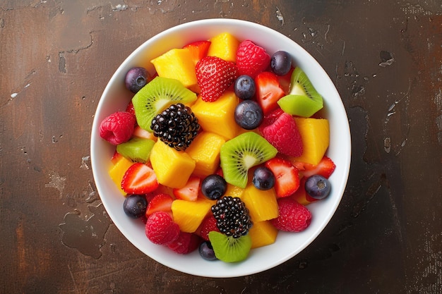 top view fruit salad on a white bowl on brown table