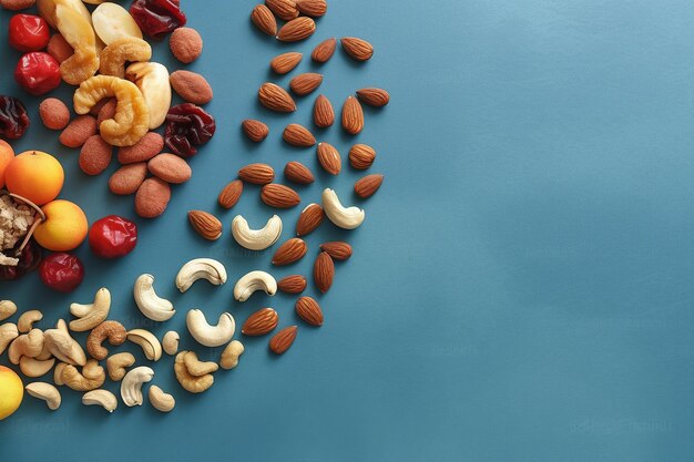 Photo top view fruits and almonds