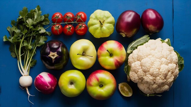 写真 フルーツと野菜 チェリー トマト クムクアット クインス リンゴ オーバーゲン レディッシュ コリアンダー