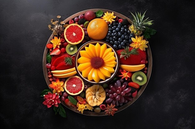 Top view fruits arrangement with plate