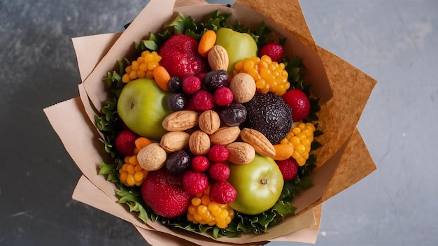 Top view of fruits and nuts bouquet wrapped in kraft paper