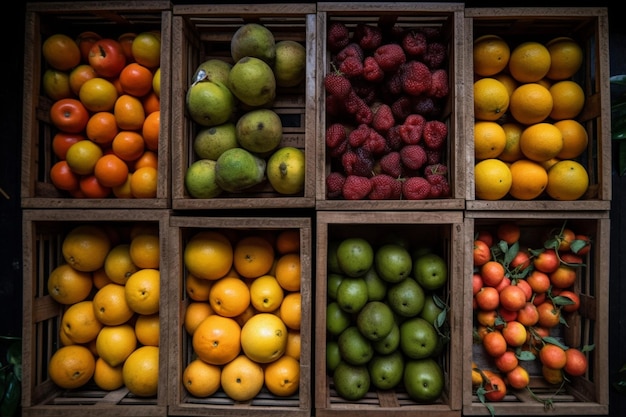 Top view of fruits in rectangular wooden cages in market rural background generative AI