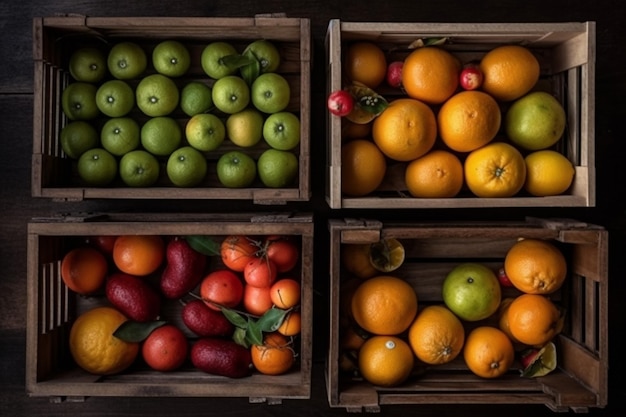 Top view of fruits in rectangular wooden cages in market rural background generative AI