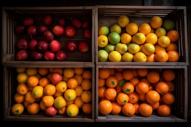 Top view of fruits in rectangular wooden cages in market rural background generative AI