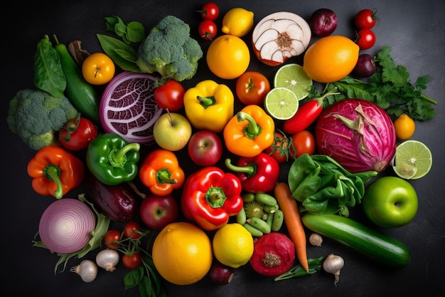 Photo top view fruits and vegetables bell peppers apples carrot coriander cauliflower persimmon radish cherry tomatoes red cabbage tomatoes green hot pepper