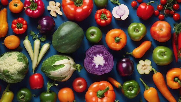 Photo top view fruits and vegetables eggplant bell peppers apples carrot coriander cauliflower persimmon r