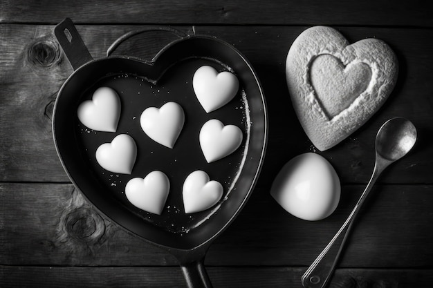 Top view of a frying pan containing heart shaped eggs and bread on a wooden table