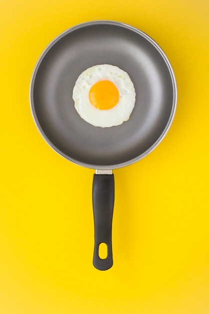 Top view of frying pan with fried egg on the yellow background