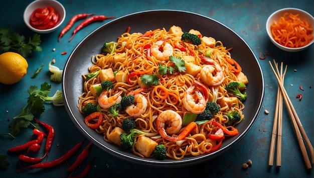 top view and full view of stirfried noodle dish which can be made with shrimp tofu or chicken