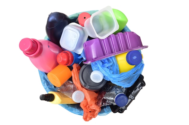 Top view of a garbage with plastic containers bottles bags