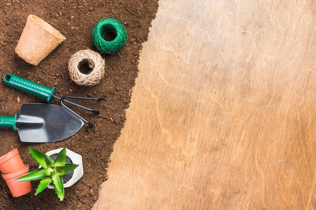 Top view of gardening tools on the ground