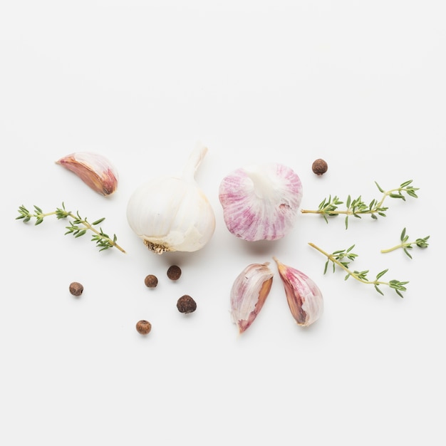 Top view garlic and herbs for cooking