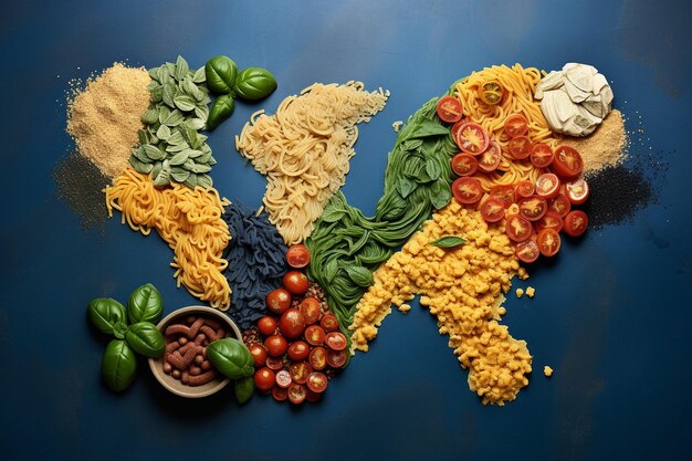 Foto top view gevormde italiaanse pasta met olie en verschillende kruiden op donkerblauw bureau