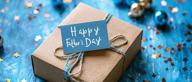 Photo top view of a gift box on a blue backdrop written with happy fathers day on it with a big space for text or product advertisement generative ai